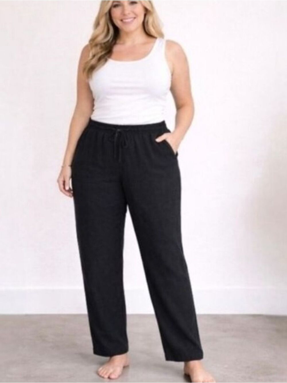 Alfred Dunner Linen Like Black Drawstring Waist Relaxed Fit Pants Size 12P